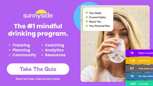 sunnyside: the number 1 mindful drinking program. Tracking, Planning, Commun ity, Coaching, Analytics, Resources.
